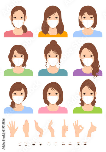 Young asian woman (upper body )  wearing a mask vector illustration set , hand gesture and face emtion variation set  / Coronavirus (influenza  hay fever etc.)  prevention.