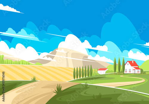 The village landscape with green fields and arable land for crops, village house on mountain background