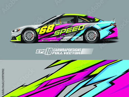 Vehicle graphic livery design vector. Graphic abstract stripe racing background designs for wrap cargo van  race car  pickup truck and adventure. Full vector Eps 10.