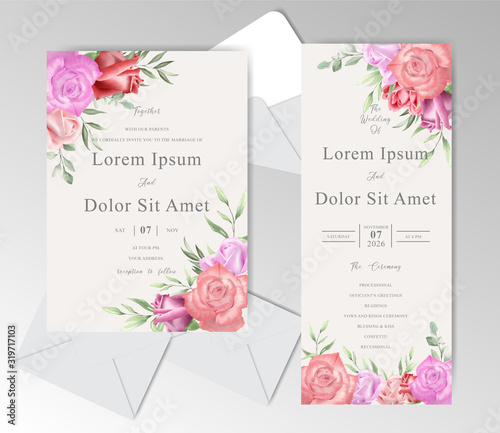 Beautiful Wedding Invitation Cards Template with Watercolor Greenery and Roses