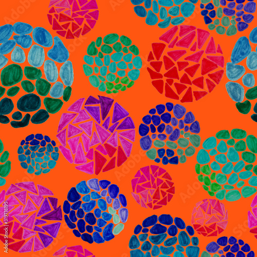 Creative seamless pattern with hand drawn circles with spots and triangles. G...