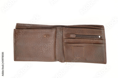 Old brown wallet on a white background