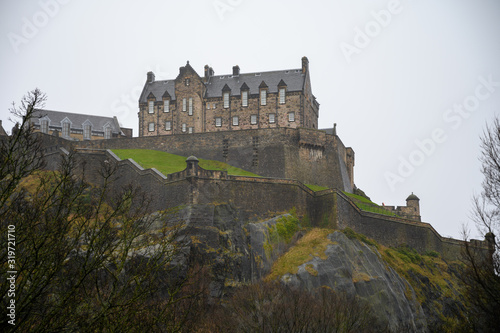 View on Castle hill in old part of Edinburgh city, capital of Scotland, in rainy winter day.