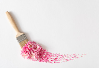 Flowers composition. Creative layout made of pink and white flowers and paint brush on white background. Flat lay, top view, copy space.