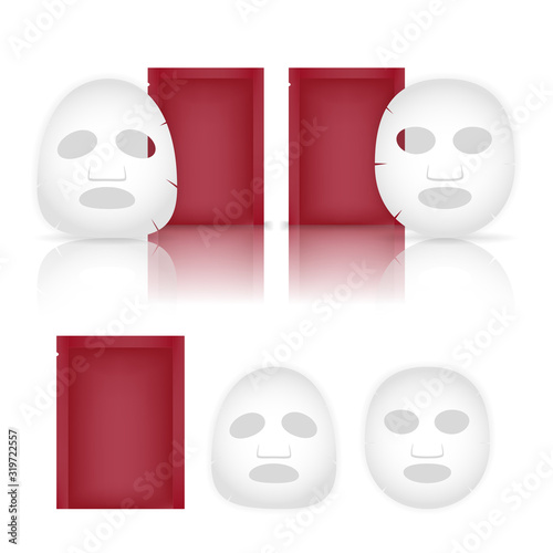 Facial sheet mask and sachet isolated on white background. Vector illustration.