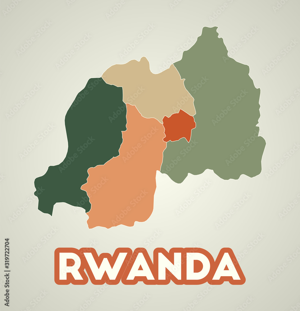 Obraz premium Rwanda poster in retro style. Map of the country with regions in autumn color palette. Shape of Rwanda with country name. Vibrant vector illustration.