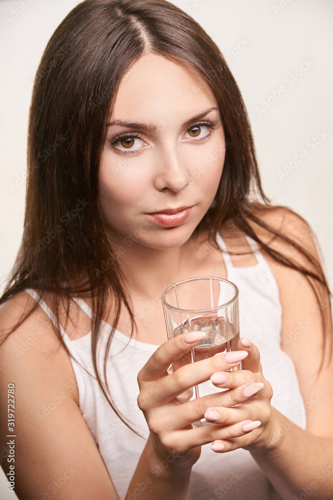 Girl drink pure water at glass. Clean mineral thirsy. Breakfast diet Girl drink pure water at glass. Clean mineral thirsy. Breakfast diet