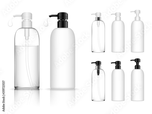 Cosmetic transparent plastic bottle with dispenser pump. Liquid container for gel, lotion, cream, shampoo, bath foam. Beauty product package. Vector illustration.