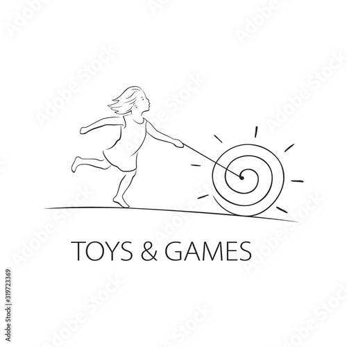 Kids toys, games logo. Girl rolls a hoop. Vector graphic logotype template.