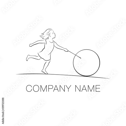 Kids toys, games logo. Girl rolls a hoop. Vector graphic logotype template.