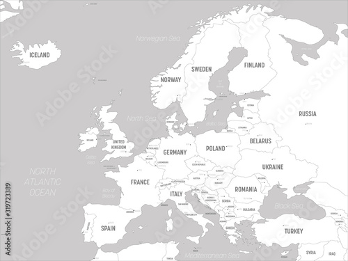 Europe map - white lands and grey water. High detailed political map of european continent with country, capital, ocean and sea names labeling