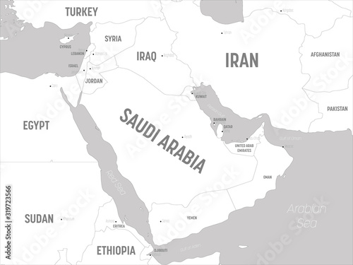 Middle East map - white lands and grey water. High detailed political map of Middle East and Arabian Peninsula region with country, capital, ocean and sea names labeling