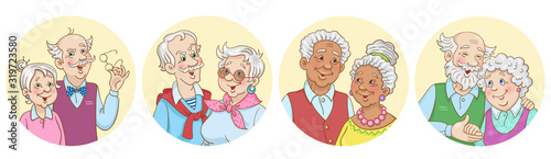 Avatar icons set. Four cute elderly couples.  Composition in the circle. In cartoon style. Isolated on a white background. Vector illustration.