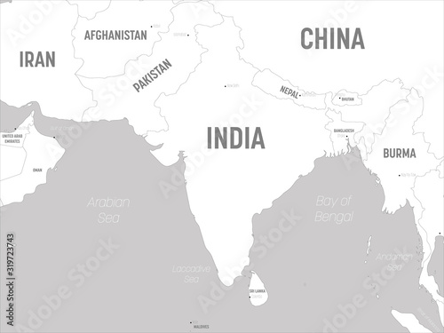 South Asia map - white lands and grey water. High detailed political map of southern asian region and Indian subcontinent with country, capital, ocean and sea names labeling