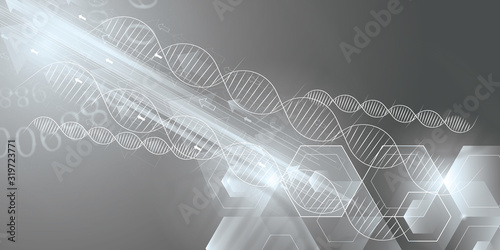 Wireframe DNA molecules structure mesh on soft black and white background. Science and Technology concept