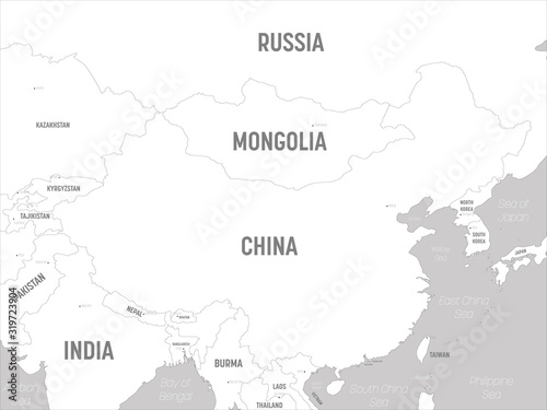China map - white lands and grey water. High detailed political map of China and neighboring countries with country, capital, ocean and sea names labeling