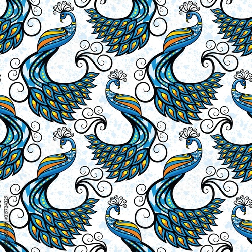 Seamless pattern vector. Indonesian batik motif with peacock illustration