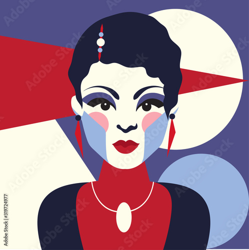 Fashion woman portait art deco style. Flat design.