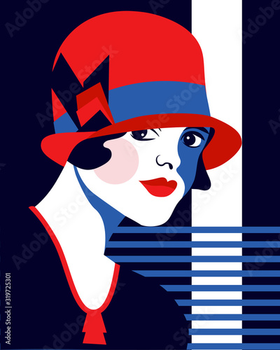 Fashion woman with hat. Portait art deco style. Flat design.