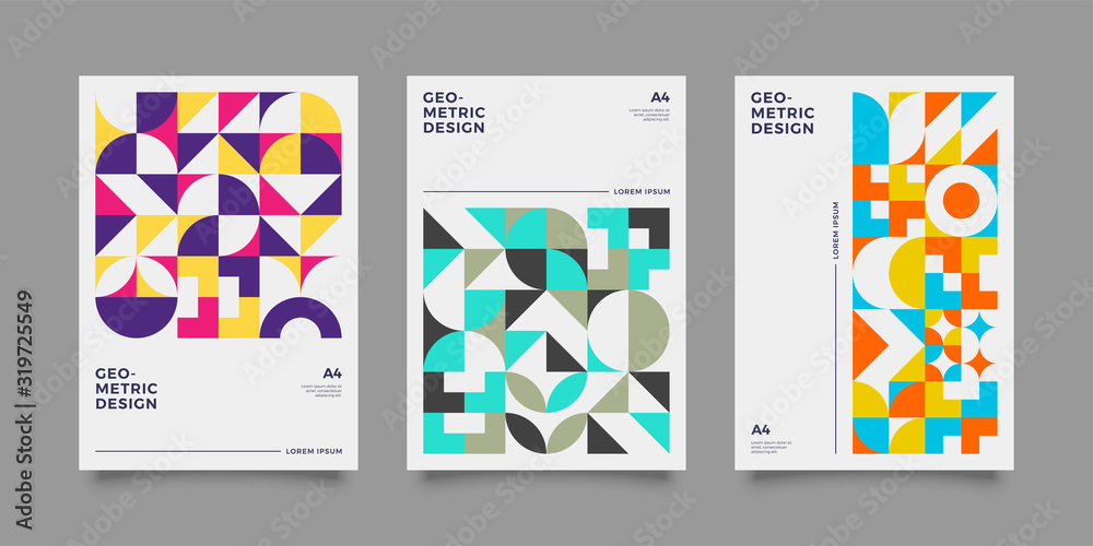 Placard templates set with Geometric shapes, Retro, baushaus geometric style flat and line design elements. Retro art for covers, banners, flyers and posters. Eps 10 vector illustrations	