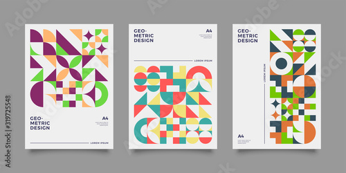 Placard templates set with Geometric shapes, Retro, baushaus geometric style flat and line design elements. Retro art for covers, banners, flyers and posters. Eps 10 vector illustrations	