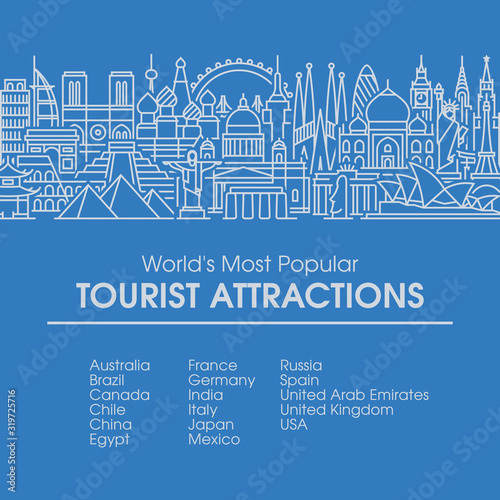 Flat line design style illustration of world's most popular tourist locations. Modern vector background for traveling, summer vacation, tourism and journey concepts