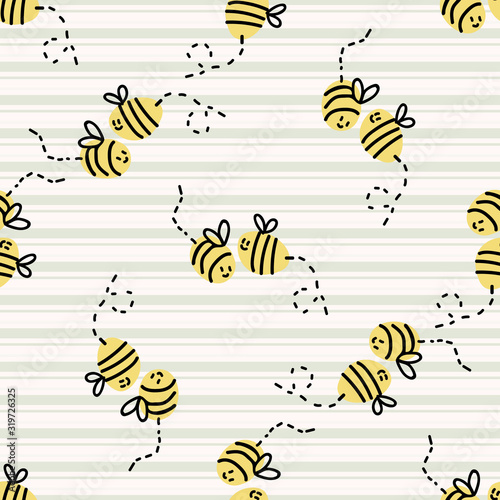 Cute simple stylized bee line seamless vector pattern. Hand drawn flying beeline insect gingham stripe background. Summer bug home decor. Playful, busy bee, yellow all over print typography. 