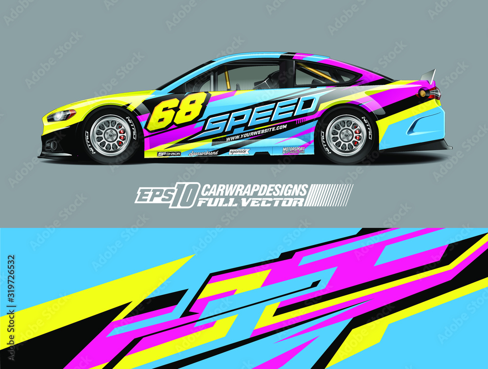 Vehicle graphic livery design vector. Graphic abstract stripe racing background designs for wrap cargo van, race car, pickup truck and adventure. Full vector Eps 10. Vehicle graphic livery design vector. Graphic abstract stripe racing background designs for wrap cargo van, race car, pickup truck and adventure. Full vector Eps 10.