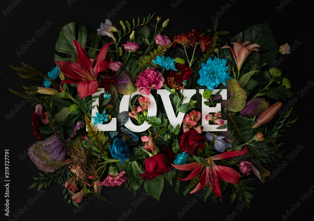 custom made wallpaper toronto digitalColorful love background. Floral Greeting card. Happy Women's Day. Spring flower flat lay holiday background with word Love. Nature Trendy Design. Happy Valentine's Day.