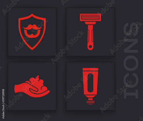 Set Cream or lotion cosmetic tube, Mustache and beard on shield, Shaving razor and Shaving gel foam on hand icon. Vector