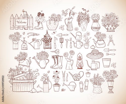 Garden doodles. Garden decor elements in vintage style. Doodle sketch illustration.