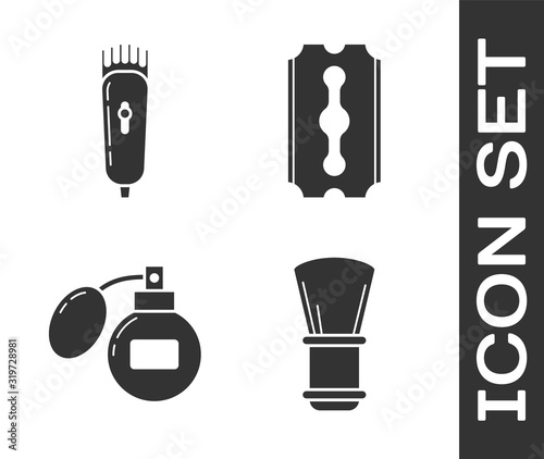 Set Shaving brush, Electrical hair clipper or shaver, Aftershave and Blade razor icon. Vector
