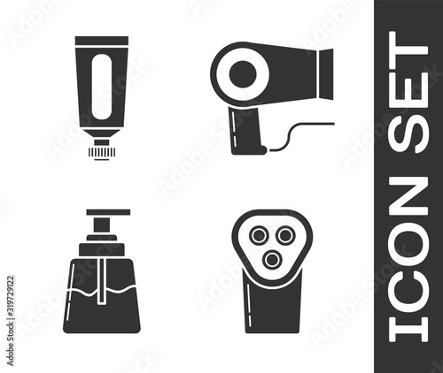 Set Electrical hair clipper or shaver, Cream or lotion cosmetic tube, Aftershave and Hair dryer icon. Vector