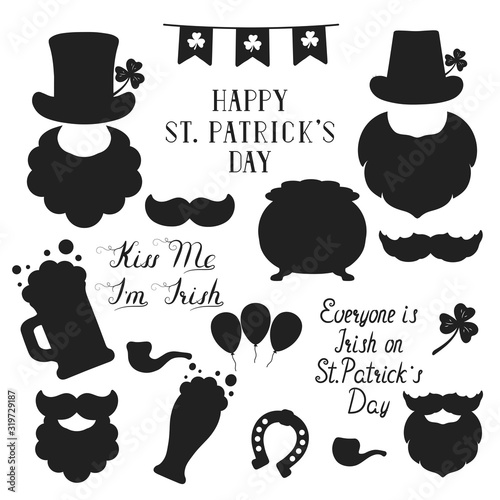 Saint Patrick Day elements and lettering for design. Holiday quotes, leprechaun, mustache, beard, pipe, Irish hat, beer mug and glass, clover and gold pot silhouettes.