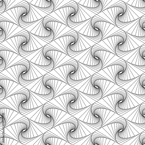Seamless background from abstract symmetric shape. Thin line spiral goes to edge of canvas. 3D line illusion drawing