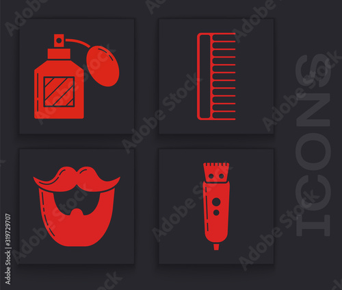 Set Electrical hair clipper or shaver, Aftershave, Hairbrush and Mustache and beard icon. Vector