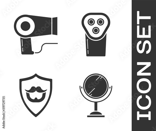 Set Hand mirror, Hair dryer, Mustache and beard on shield and Electrical hair clipper or shaver icon. Vector