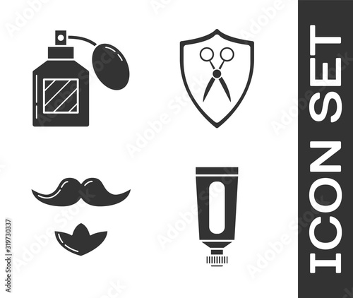Set Cream or lotion cosmetic tube, Aftershave, Mustache and beard and Scissors hairdresser and shield icon. Vector