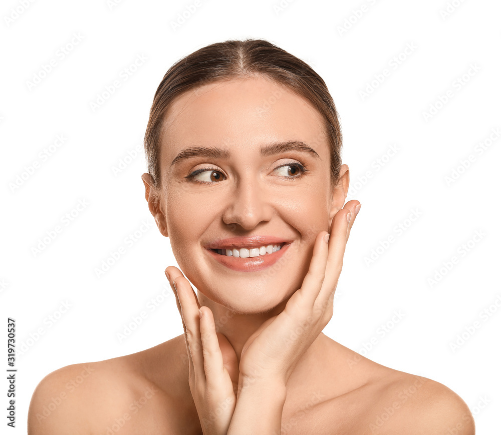 Beautiful young woman with healthy skin on white background Beautiful young woman with healthy skin on white background