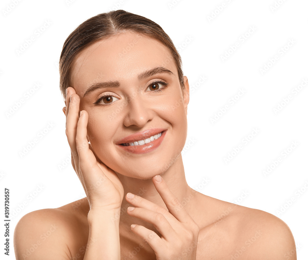 Beautiful young woman with healthy skin on white background Beautiful young woman with healthy skin on white background
