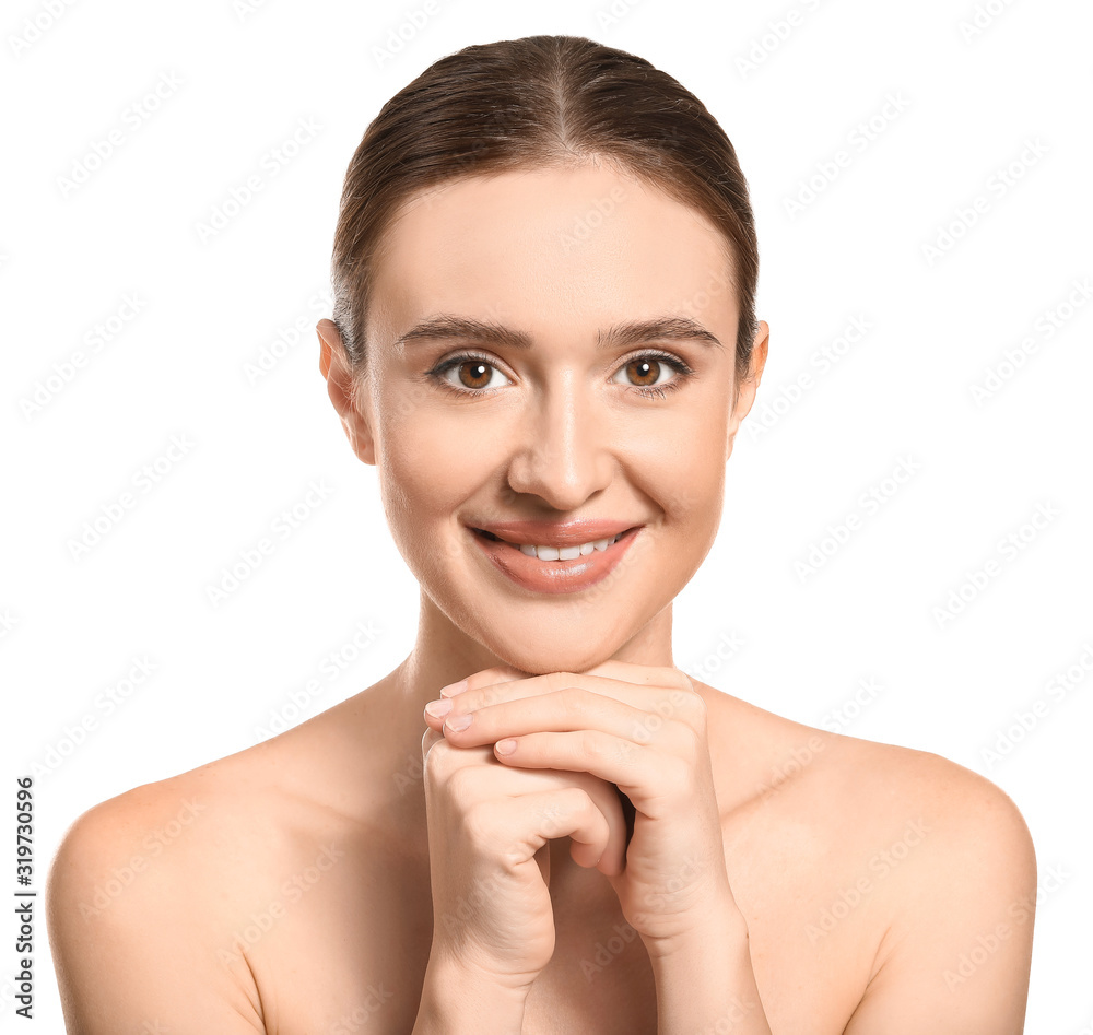 Beautiful young woman with healthy skin on white background Beautiful young woman with healthy skin on white background