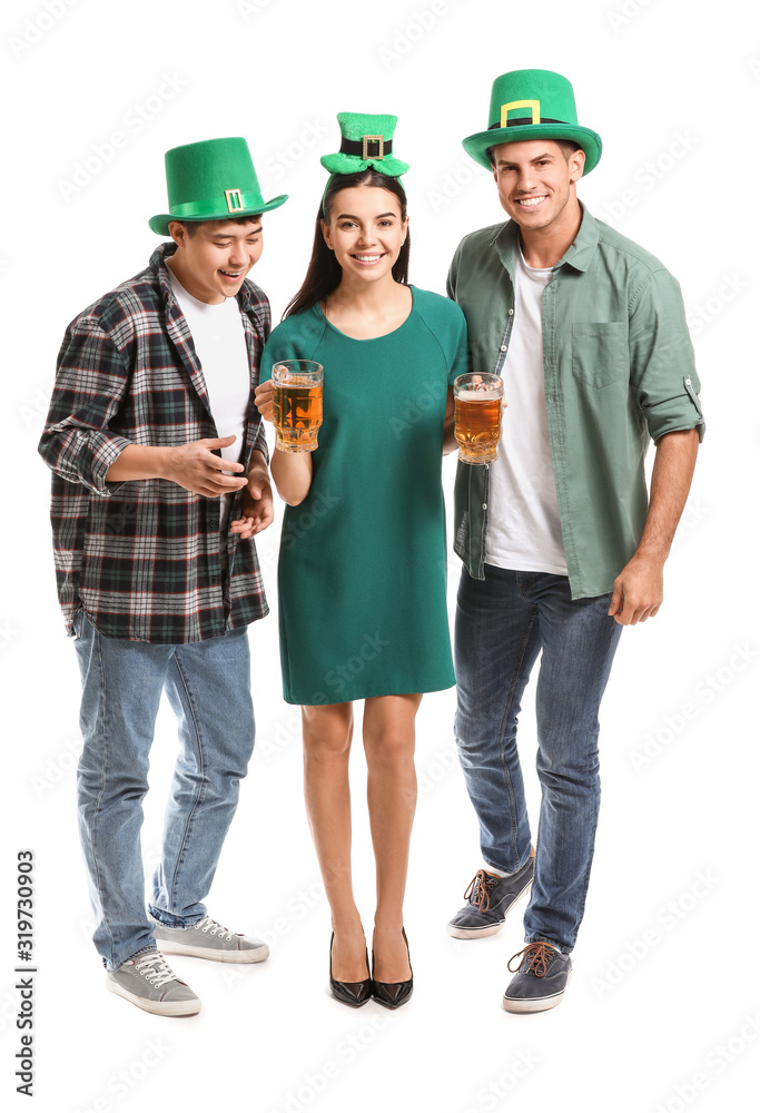 Friends with beer on white background. St. Patrick's Day celebration Friends with beer on white background. St. Patrick's Day celebration
