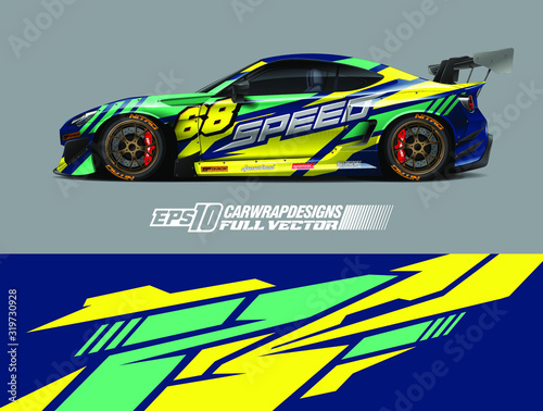Vehicle graphic livery design vector. Graphic abstract stripe racing background designs for wrap cargo van, race car, pickup truck and adventure. Full vector Eps 10.