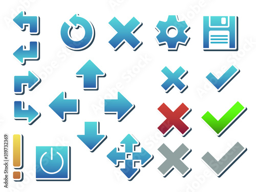Set of minimalistic buttons for touch screens of programs. Isolated arrows and indicators for industrial equipment. Pointers for navigating a website or application. Vector EPS10