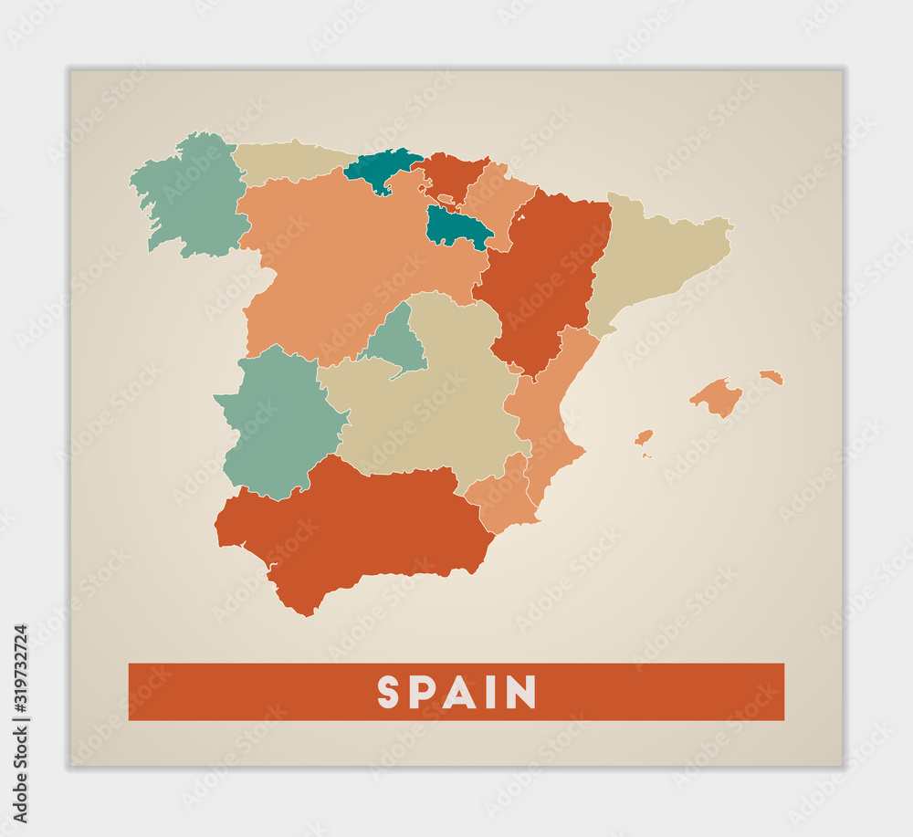 Spain poster. Map of the country with colorful regions. Shape of Spain with country name. Classy vector illustration.