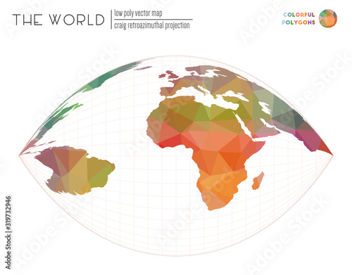 World map in polygonal style. Craig retroazimuthal projection of the world. Colorful colored polygons. Awesome vector illustration.