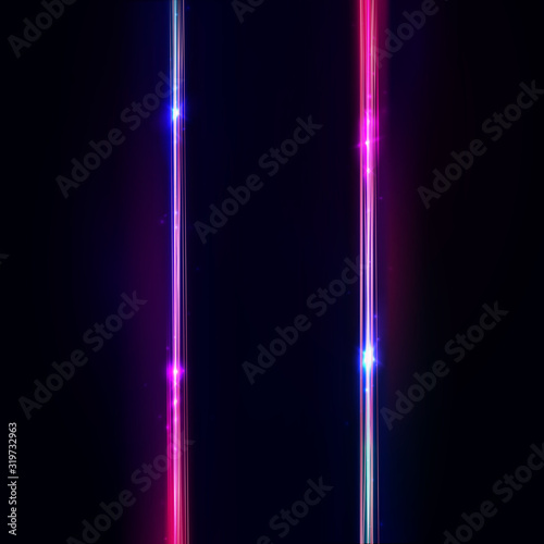 Neon vertical lines, frame. Neon lights sign. Vector abstract background, signboard, streak. Geometric glow outline shape or laser glowing parallel lines. Abstract background with space for your text