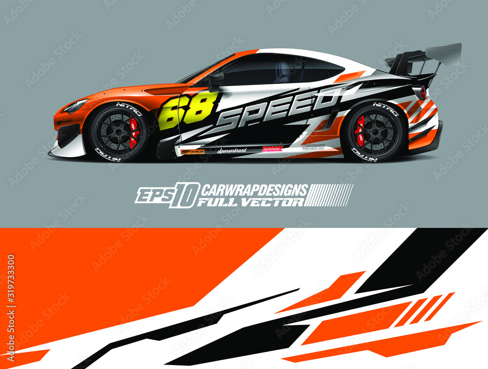 Vehicle graphic livery design vector. Graphic abstract stripe racing background designs for wrap cargo van, race car, pickup truck and adventure. Full vector Eps 10. Vehicle graphic livery design vector. Graphic abstract stripe racing background designs for wrap cargo van, race car, pickup truck and adventure. Full vector Eps 10.
