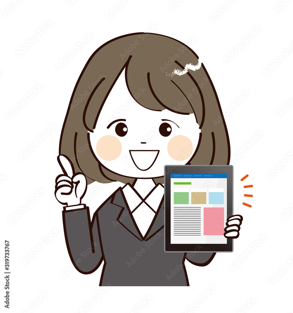 女性、スーツ、タブレット、笑顔 女性、スーツ、タブレット、笑顔