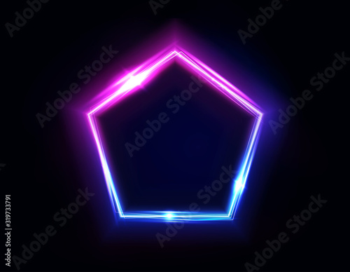 Neon pentagon frame or neon lights sign. Vector abstract background, tunnel, portal. Geometric glow outline pentagon shape or laser glowing lines. Abstract background with space for your text.